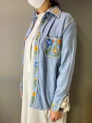 Vintage 70s Handmade Floral Embroidery Hippie Long Sleeve Shirt Blue M