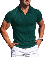 Mens Slim Fit Ribbed Knit Polo Shirt Short Sleeve V Neck Casual Muscle Tee Top