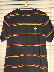 Van Black W/ Red & Yellow Striped T-Shirt W/ Embroidered Daisy Logo Sz L Skater