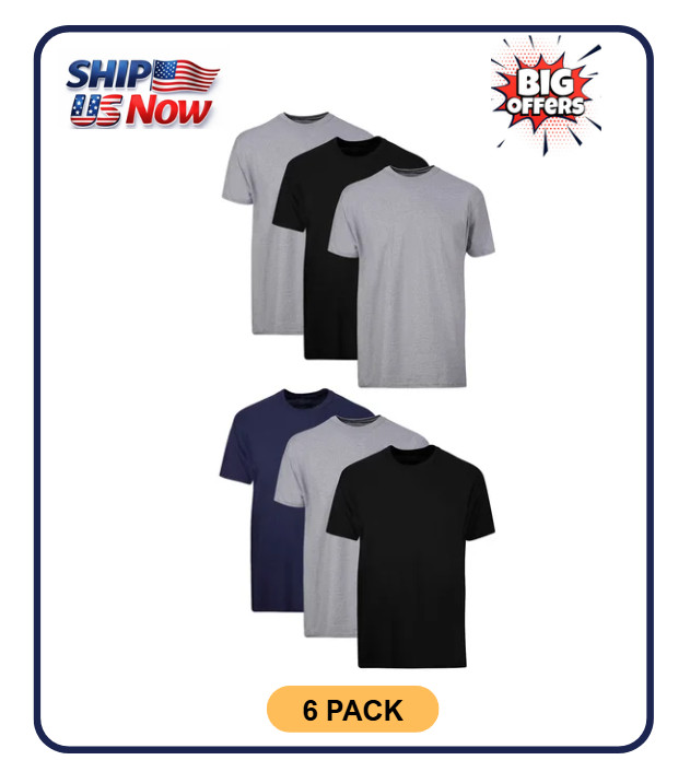 Hanes T-Shirt, 6-Pack, Moisture-Wicking T-Shirt Undershirts, Black/Grey/Blue