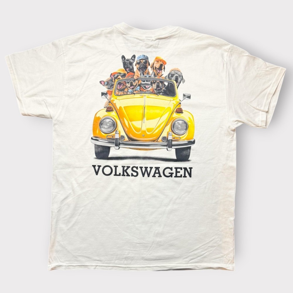 Volkswagen Dogs in Beetle Convertible Graphic T-Shirt White Large VW Logo Tee