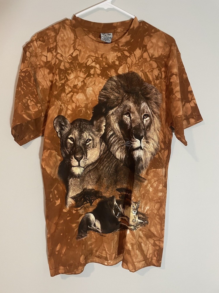 Vintage Back To Earth Tie Dye Lion Print Brown Short Sleeve Shirt Adult Sz M