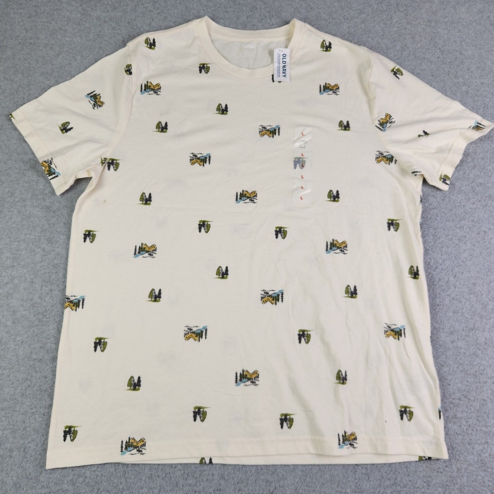 Old Navy T-Shirt Mens Large Cream Mountain Tree Print Soft-Washed Short Sleeve
