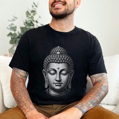 Buddha Head Grayscale T-Shirt | Spiritual Meditation Zen Graphic Tee Shirt