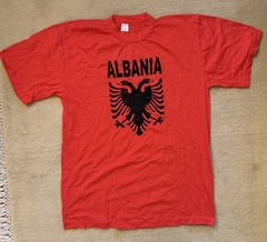 NEW!! Albania Red T-Shirt Tee Cotton Black Print Crewneck Mens LARGE & Map NWOT