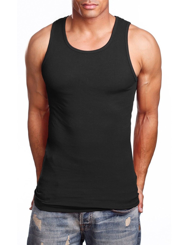 3 Black Men’s Egyptian Cotton Tank Top A-Shirt Wife Beater Undershirt SMALL-2X