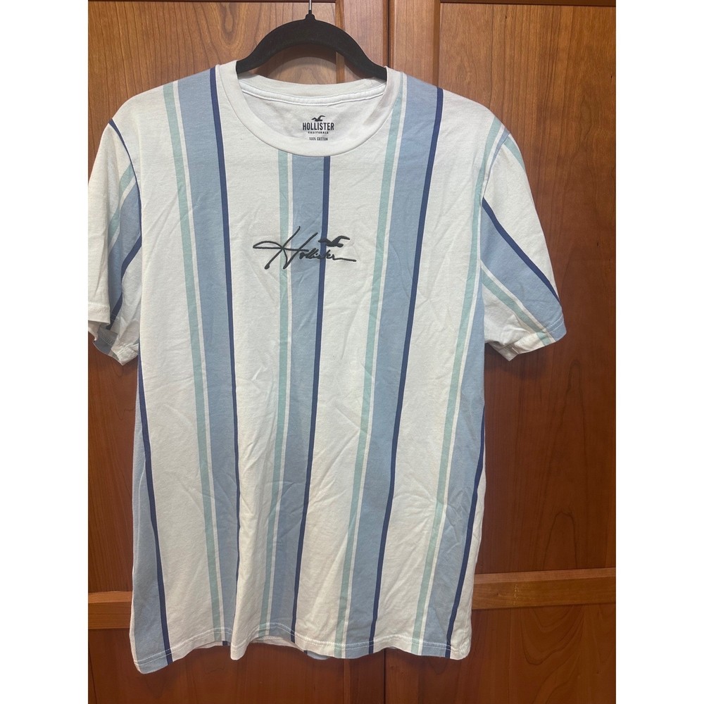 Hollister Mens Blue White Vertical Stripe Embroidered Logo Cotton T-Shirt L