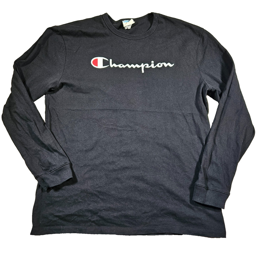 Champion Mens Black XL Cotton Long Sleeve T Shirt Top Embroidered Logo Crew Neck