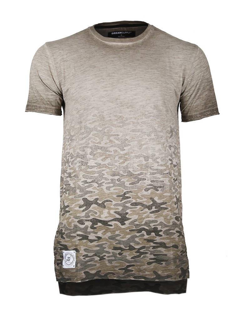 ZIMEGO Mens Short Sleeve Camouflage Longline Hipster Side Slit Oil Wash T-shirts