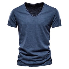 100% Cotton Men T-shirt V-neck Lightweight Summmer Slim Fit T-shirts Male Tops