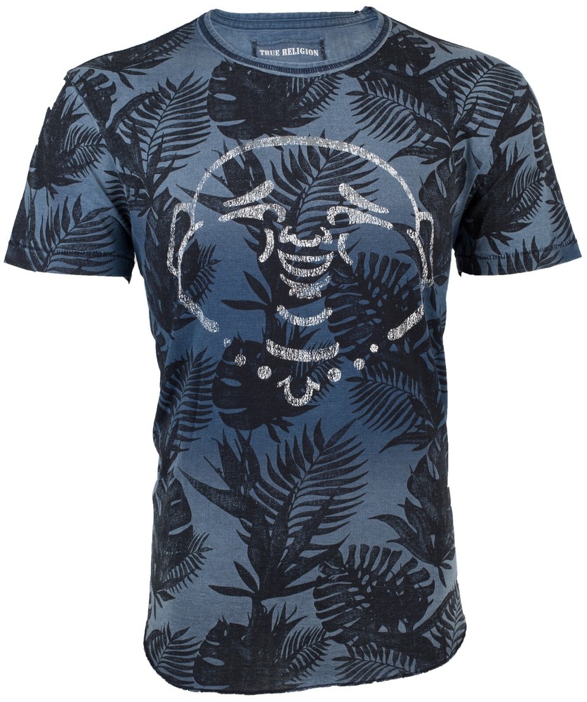 $89 TRUE RELIGION Indigo BUDDHA FACE Hawaiian Floral Graphic T-shirt NWT