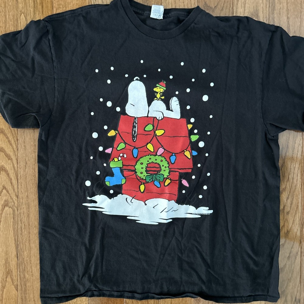 Vtg Snoopy T Shirt Woodstock Christmas Mens XL Black Short Sleeve Delta Tee Y2K