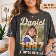 Custom Photo T-Shirt Personalized Name Vintage Retro Picture Cotton Tee Gift
