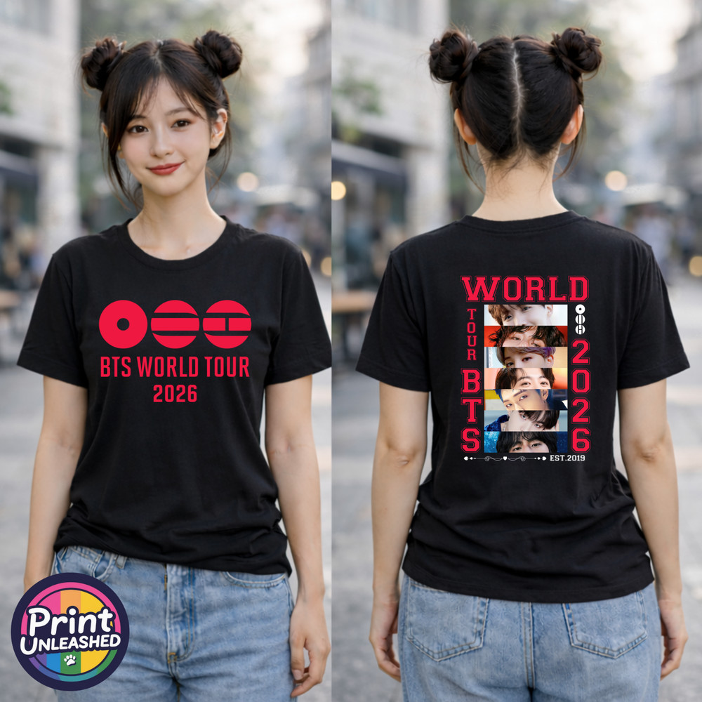 KPOP Premium Printed T-Shirt BTS Tour 2026 Front & Back Black Child Adult Teen