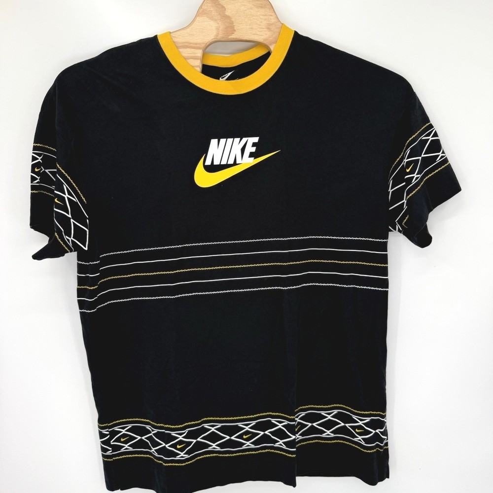 Nike T-Shirt Mens XL Black Yellow Futura Logo Embroidered Geometric Sportswear
