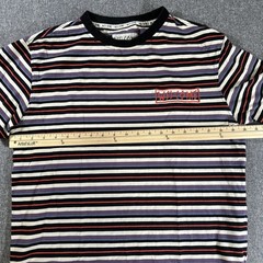 Welcome Striped T Shirt Mens Medium Purple Black Streetwear Graphic Tee