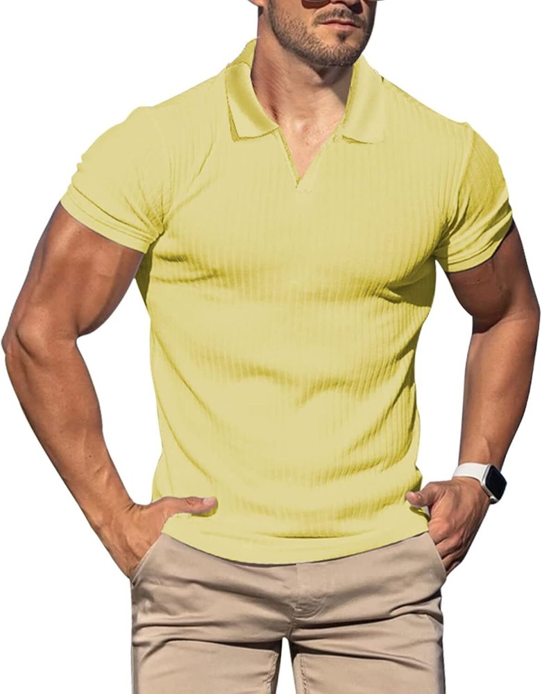 Mens Slim Fit Ribbed Knit Polo Shirt Short Sleeve V Neck Casual Muscle Tee Top