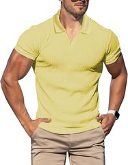 Mens Slim Fit Ribbed Knit Polo Shirt Short Sleeve V Neck Casual Muscle Tee Top