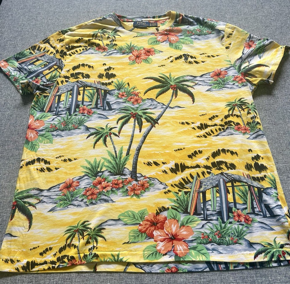 Polo Ralph Lauren T-Shirt Floral Full Print Yellow Crewneck Classic Fit Men’s XL