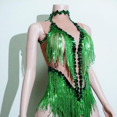 Sexy Red Sequin Crystal Dress Tassel Mesh Pole Dance Performance Party Nightc…