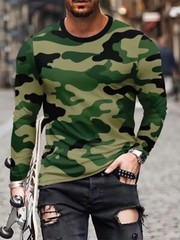 Mesn Camouflage Print Long Sleeve T-shirt Unique Sports Round Neck T Shirts Camo