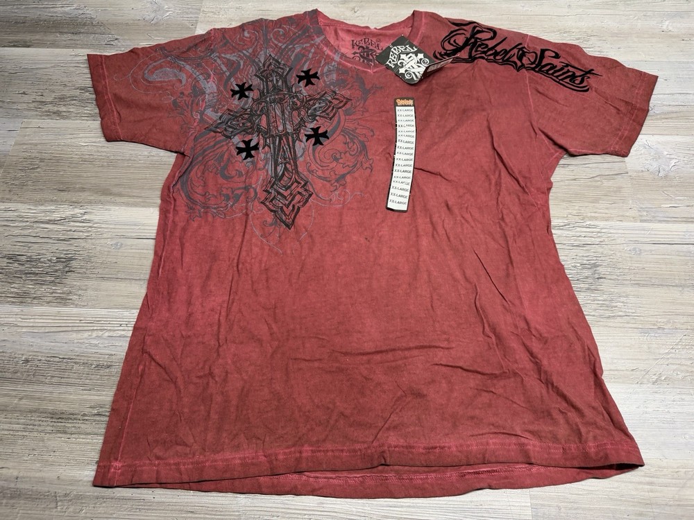 Rebel Saints NWT Y2K MMA Cross Wings Graphic Tee Shirt 2XL Red Iron Cross
