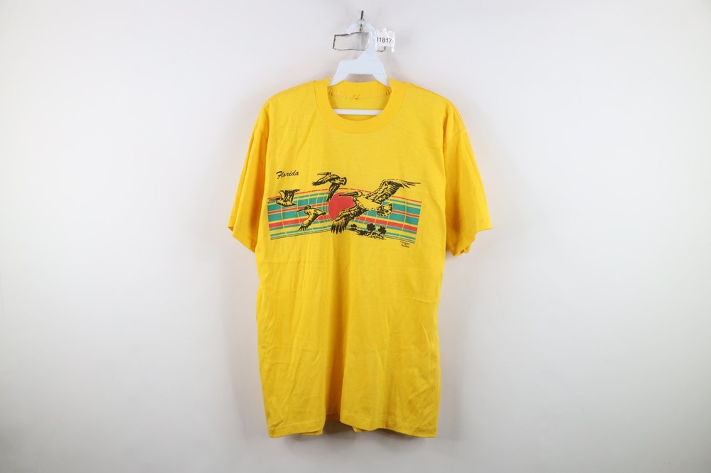 Vintage 70s Streetwear Mens Medium Florida Beach Sunset Bird T-Shirt Yellow USA
