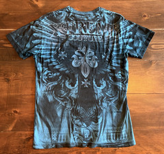 Xtreme Couture Men’s T-Shirt Size Large Blue All Over Print Cross Y2K