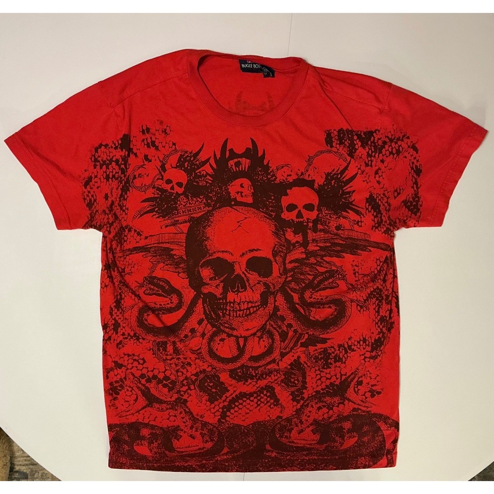 Y2K VTG AOP Grunge Red Skull Snake Skater T Shirt Mens M (fit like L) Emo Goth
