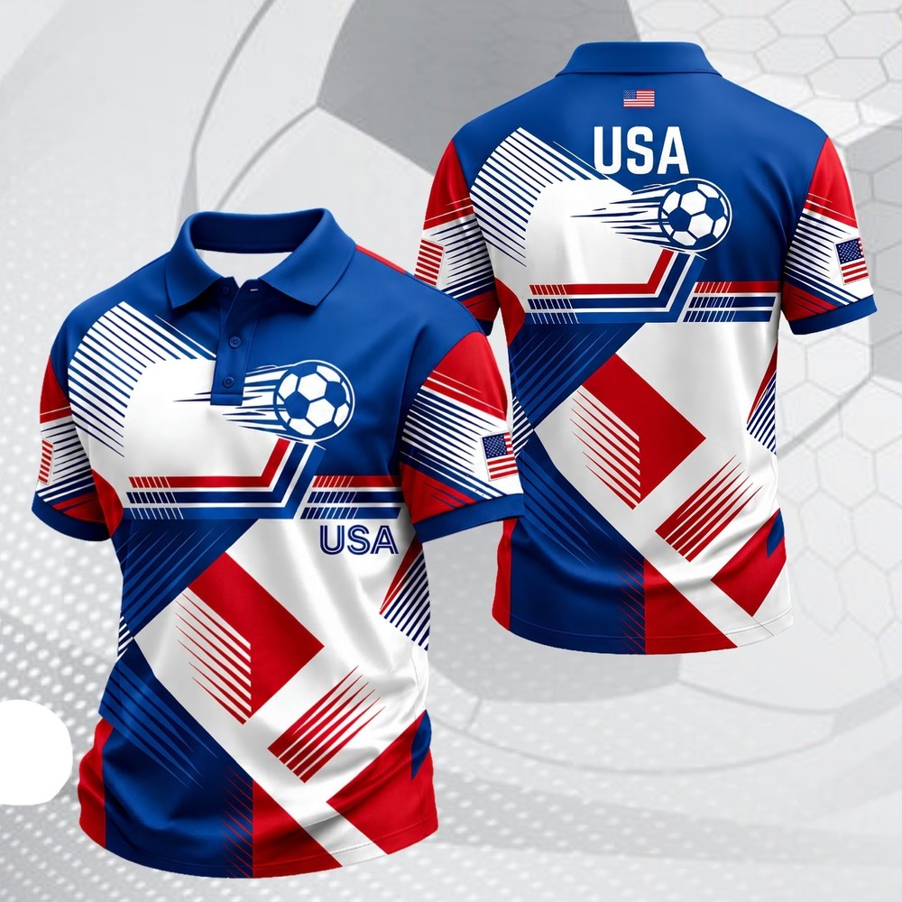 USA Soccer Polo Shirt Mens Patriotic American Flag Soccer Fan July 4th (S-5XL)