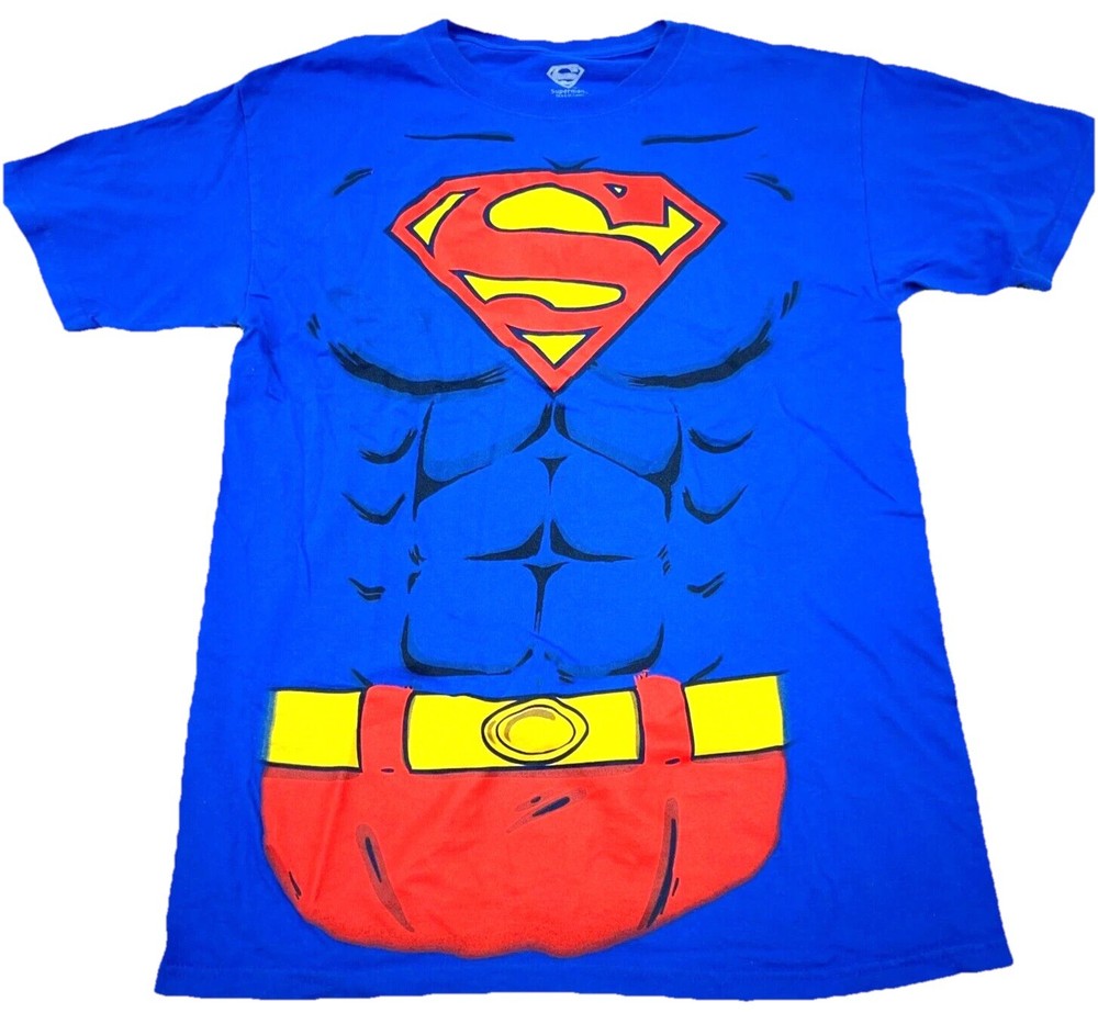 Superman Shirt Men Medium Blue Tee Chest Shield Logo Abs Costume Cosplay Adult *
