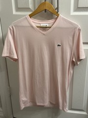 Lacoste Mens Pink Striped Cotton V-Neck T-Shirt Short Sleeve Size L Designer Tee