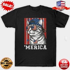 Merica Cat Shirt, Funny Patriotic Cat Tee, American Flag Meowica T-Shirt S-5XL