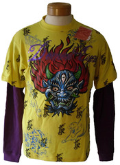 NWT Request Demon Eyes Mens L/S Layered Crew T-Shirt L Vibrant Yellow MSRP$45