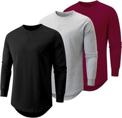 Mens 3 Pack Cotton Longline Crewneck T-Shirts Casual Hipster Fit Tee Set