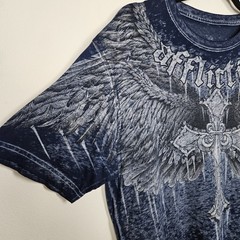 Affliction Shirt Mens Size L Blue Distressed Paper Thin Cross Wings Biker Y2K