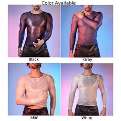 Sexy for LINGERIE Men’s Oil Shiny Long Sleeve Sheer Tights O Neck Top Shirt