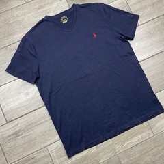 Polo Ralph Lauren V Neck T Shirt Mens Medium Cotton Navy Blue Red Pony Logo