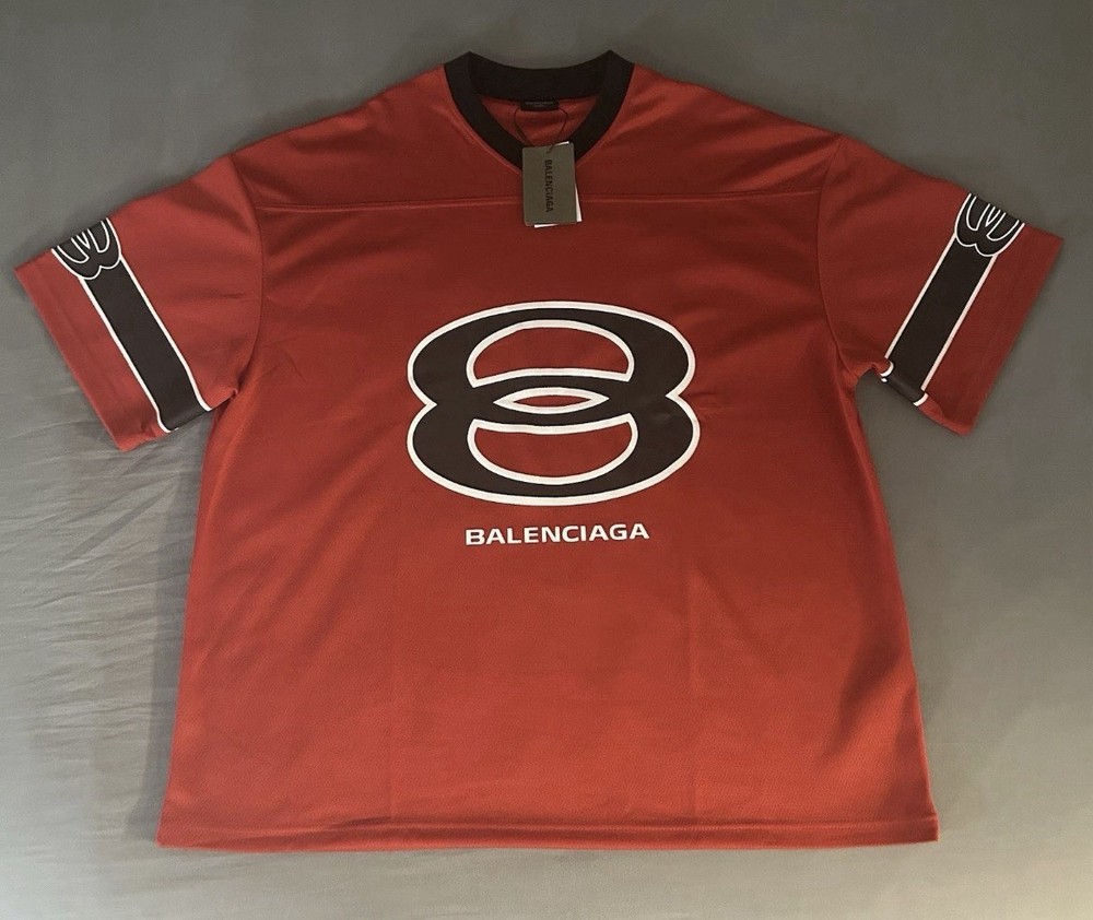 Balenciaga Men’s L Red/Black/White Logo Graphic V-Neck Short Sleeve T-Shirt