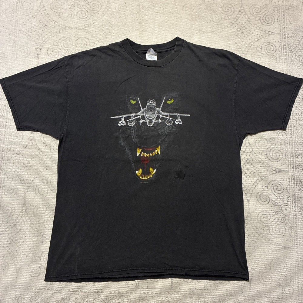 Vintage EF-18 Super Hornet Fighter Jet Wolf – T Shirt XXL Faded Boxy Double Side