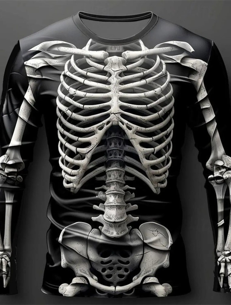 2025 Halloween Skeleton Print Long Sleeve T-Shirt Men Gothic Casual Top NEW!