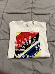 adidas Men’s 2XL White Graphic Tee with Red, Black, Blue & Yellow Print