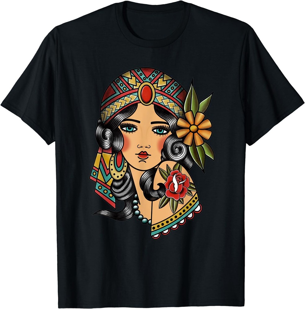 New Limited Gypsy Lady Head Fortune Teller American Traditional Tattoo T-Shirt