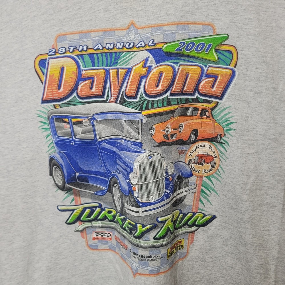 Daytona Turkey Run Gray Graphic Shirt Sz Large 2001 Daytona Beach Street Rods