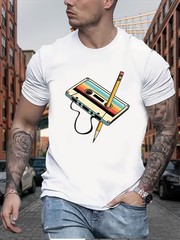 Men Retro Cassette Print T-Shirt – Casual Crew Neck, Slight Stretch, Summer Top√
