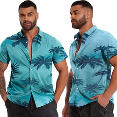 Mens Hawaiian Shirt Floral Palm Tree Sunset Surf Beach Sea Holiday Stag Dance