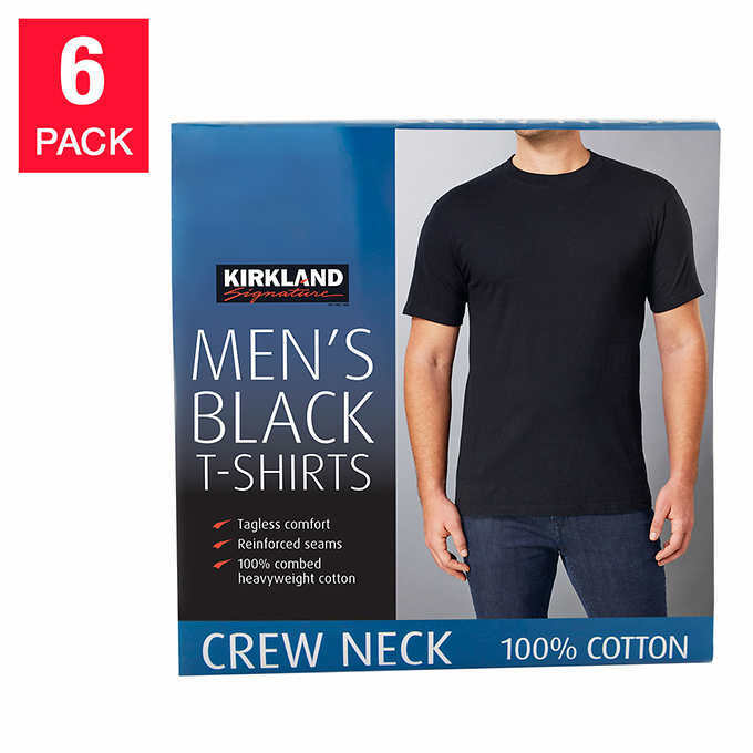 Kirkland Men’s Crew Neck Tees, 6-pack – BLACK, WHITE (Select Color, Size)