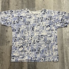 Vintage FRANK Abstract All Over Print Blue/White 80s Distressed Boho Zen T Shirt