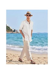 COOFANDY Men Linen Henley Shirts Long Sleeve Collarless T-Shirts Longline