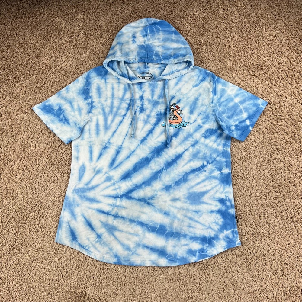 DIKOTOMY Blue White Tie-Dye Hooded Skeleton Flamingo Graphic T-Shirt Mens L